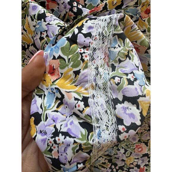 60’s Expertly Handmade Black Floral Handmade Dress Pockets Elastic Waist - Picture 6 of 8